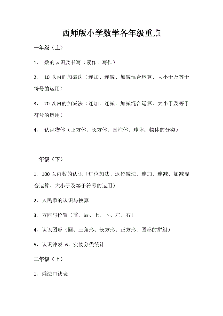 小学数学西师版各年级重点_第1页