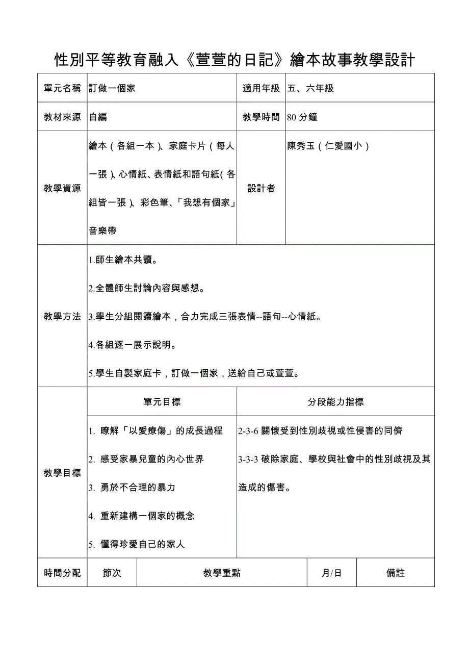 性别平等教育融入《萱萱的日记》绘本故事教学设计_第1页