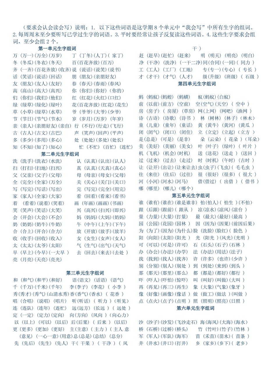 人教版一年级下册语文生字组词_第1页