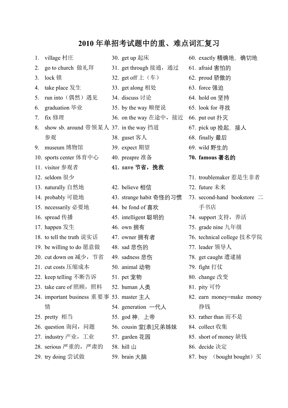 单招考试真题中的词汇复习（10和12年真题）_第1页