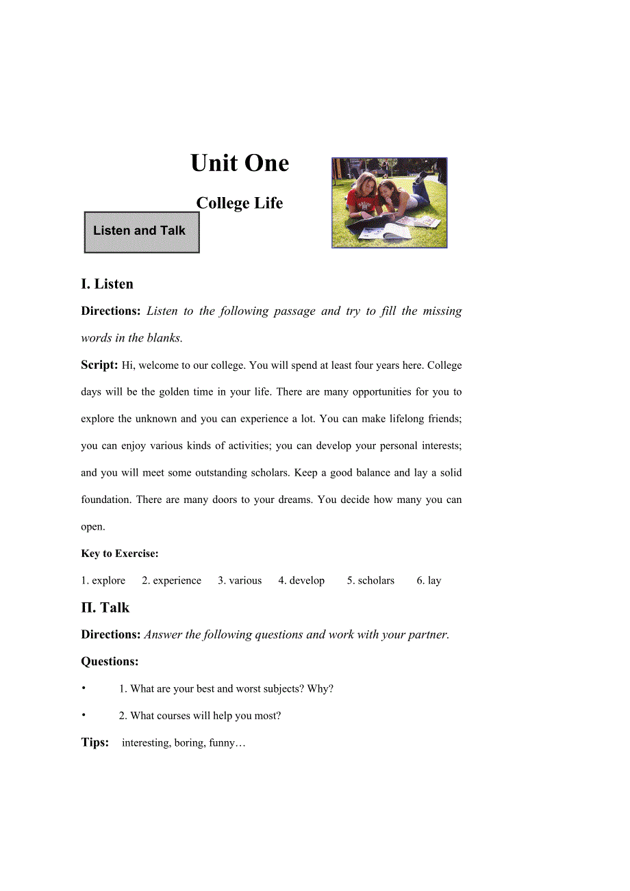 大学体验英语第一册UnitOne教案_第1页