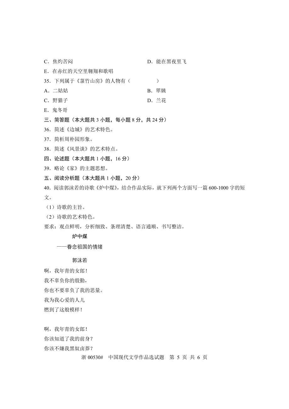 全国2007年7月高等教育自学考试中国现代文学作品选试题课程代码00530_第5页