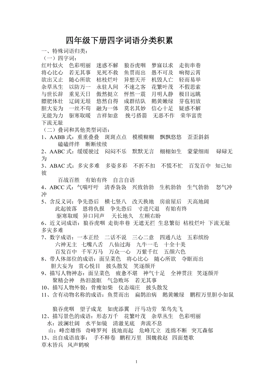 四年级下册四字词语分类积累_第1页