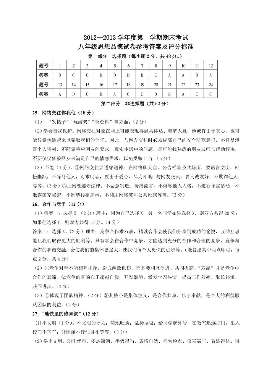 八年级思想品德试卷参考答案及评分标准_第1页