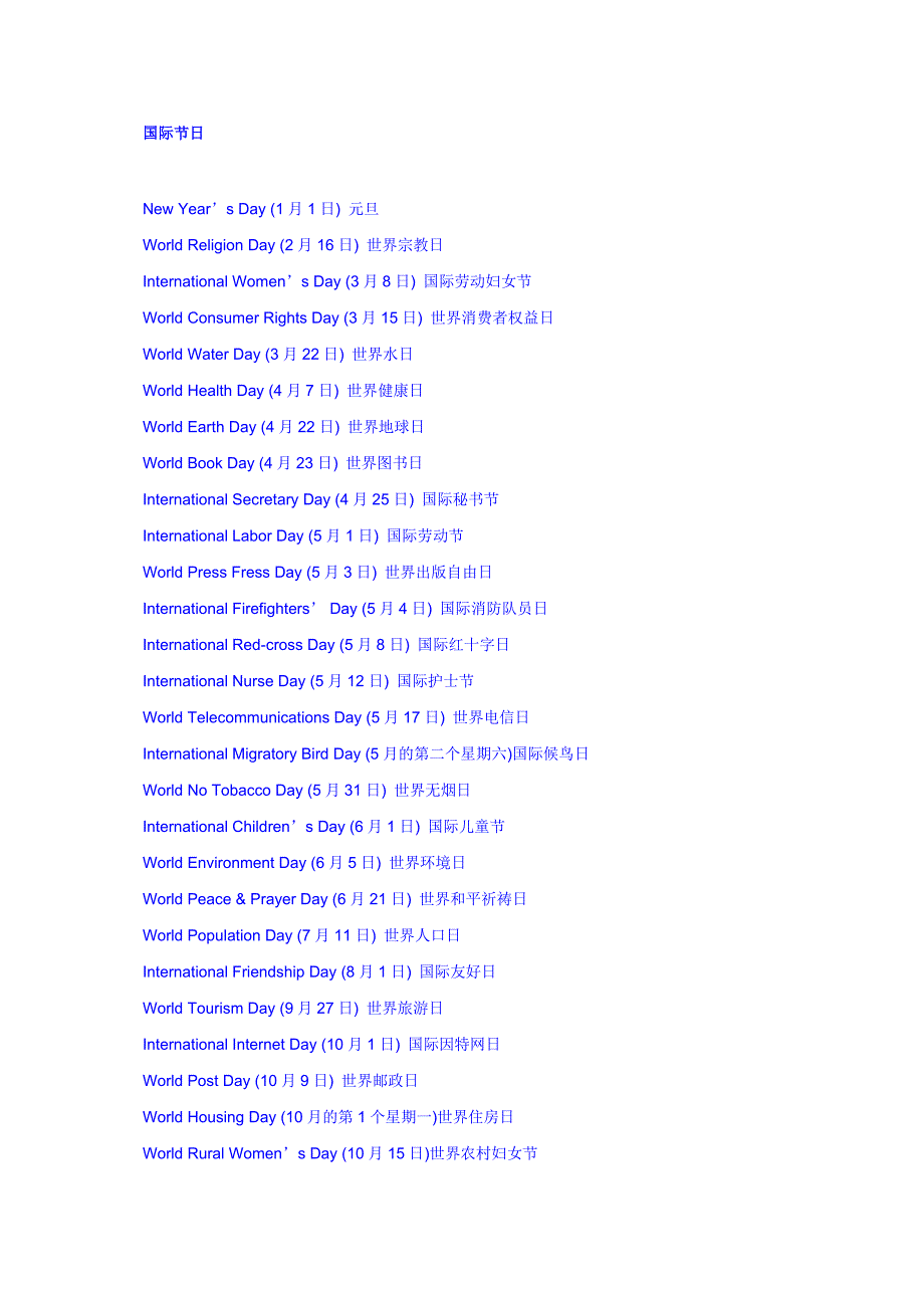 国际节日大全(英文翻译)_第1页