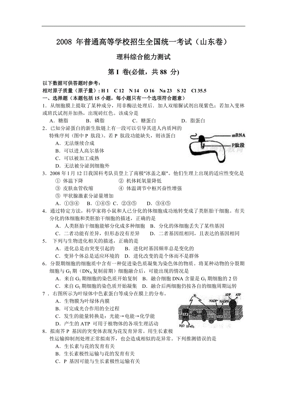 2008年全国高考理综试题及答案-山东卷_第1页