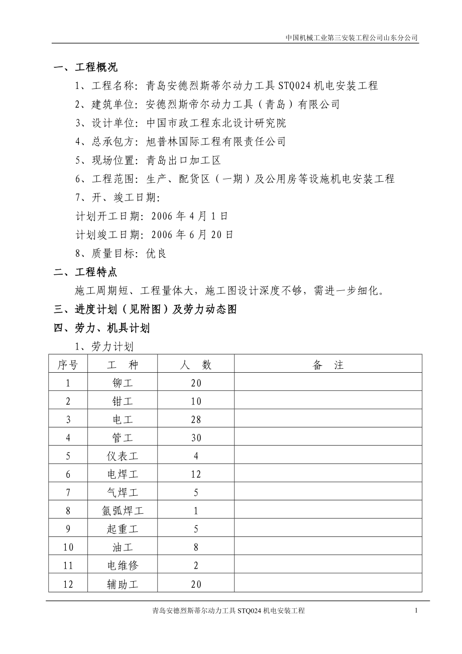 青岛安德烈斯蒂尔动力工具STQ024机电安装工程施工组织设计_第1页