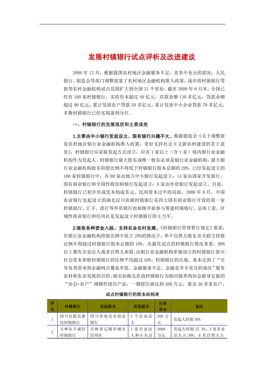 发展村镇银行试点评析及改进建议_第1页