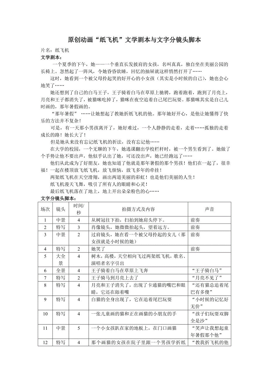 原创动画“纸飞机”文学剧本与文字分镜头脚本_第1页