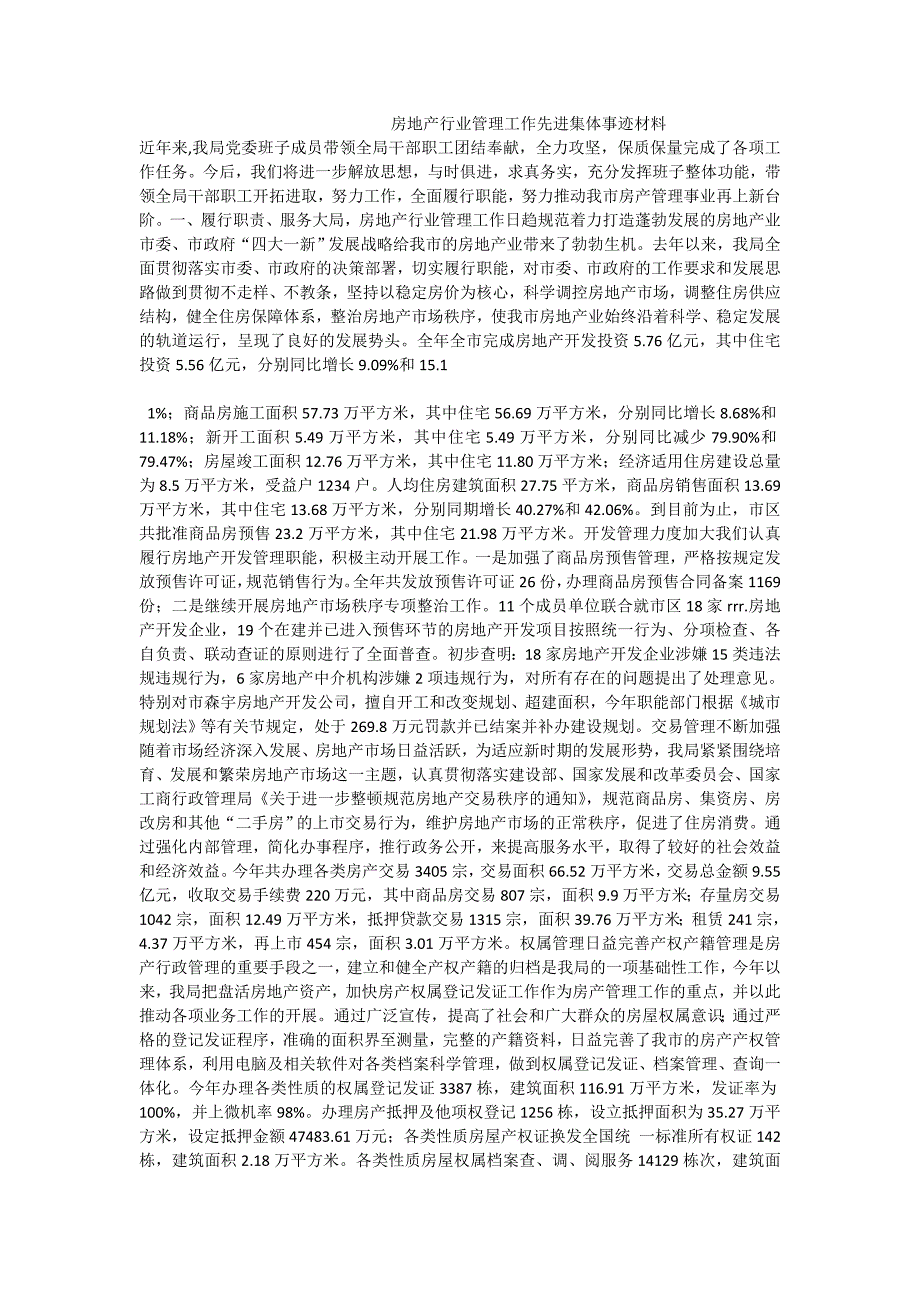 房地产行业管理工作先进集体事迹材料_第1页