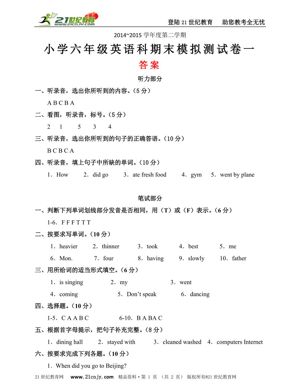 人教版PEP英语六年级下册-六年级下册英语期末模拟测试卷一草稿答案_第1页