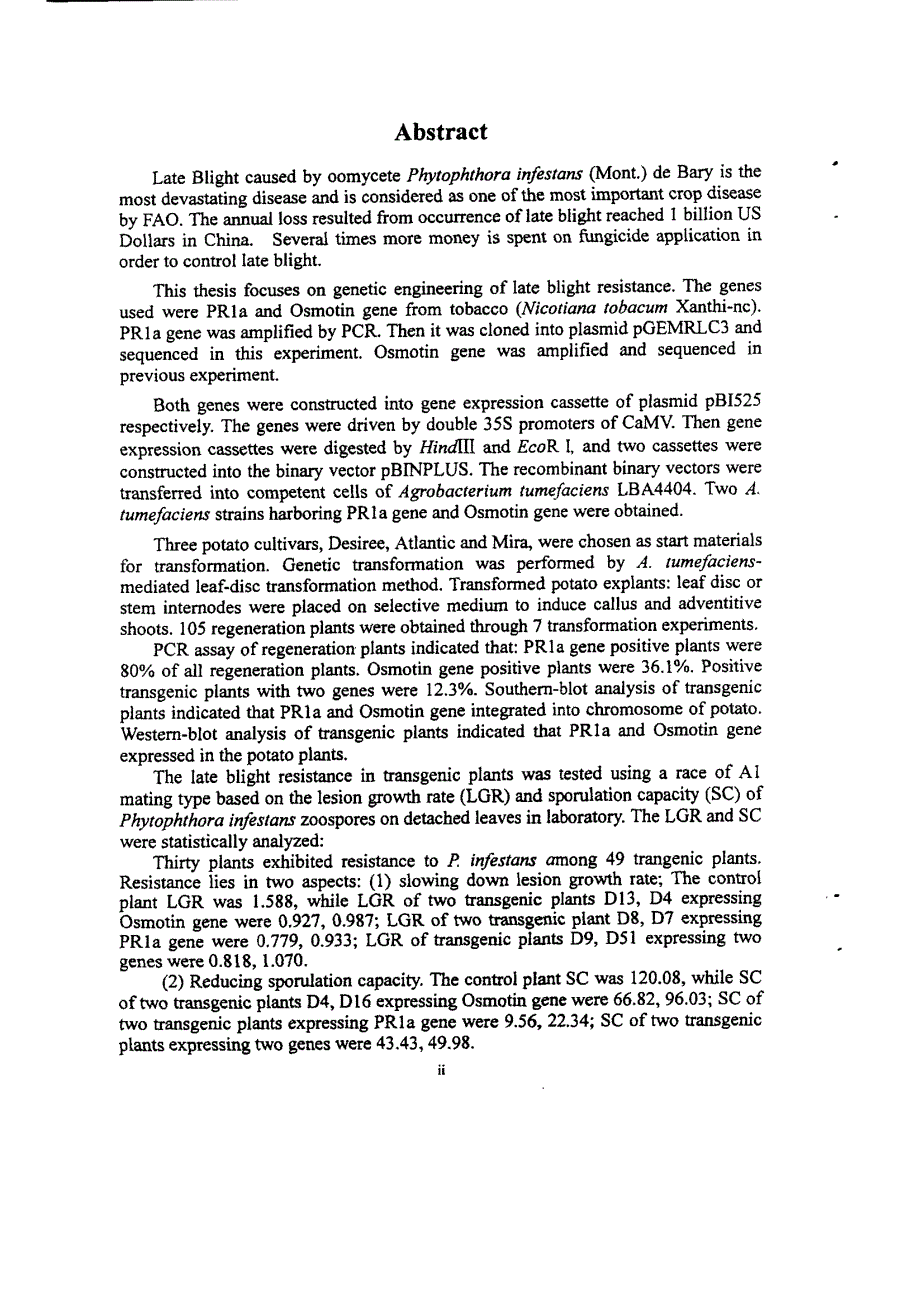 表达PR1a和Osmotin基因的马铃薯植株的获得及其对晚疫病的抗性分析_第3页