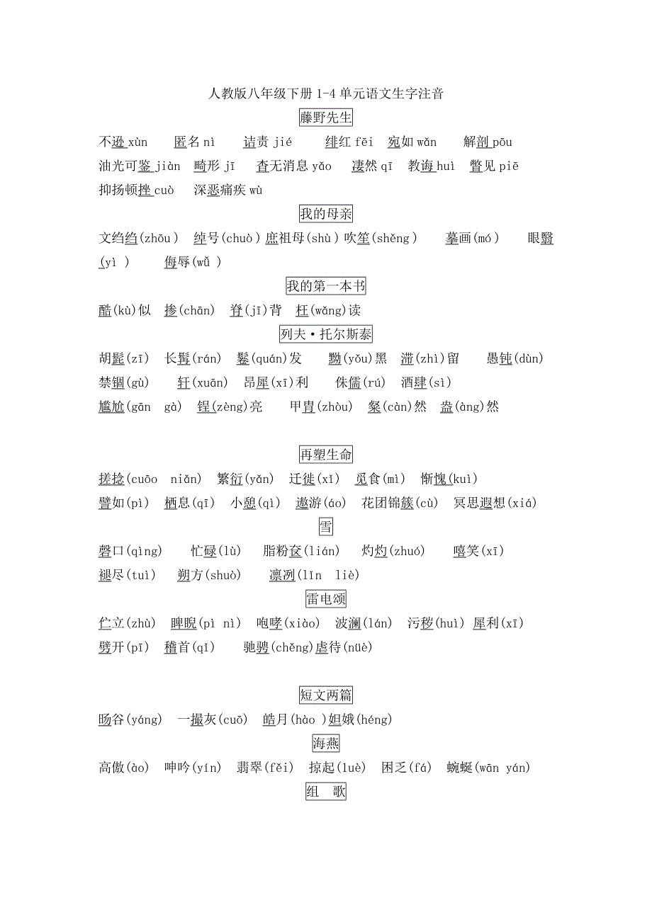 人教版八年级下册1-4单元语文生字注音_第1页