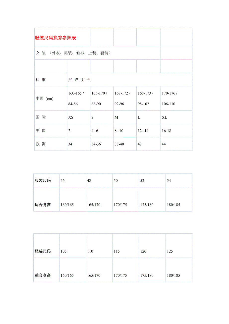 各种衣服尺码对照表_第1页