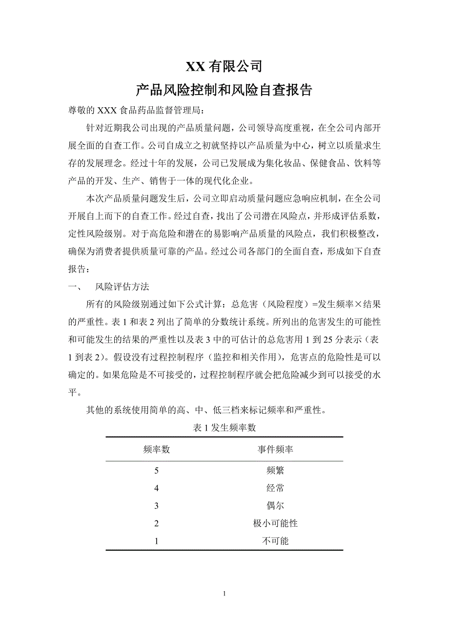 XX有限公司产品风险控制和风险自查报告_第1页