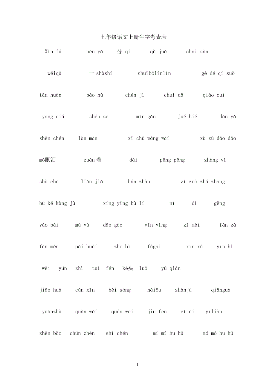 人教版七年级上册语文生字考查表_第1页