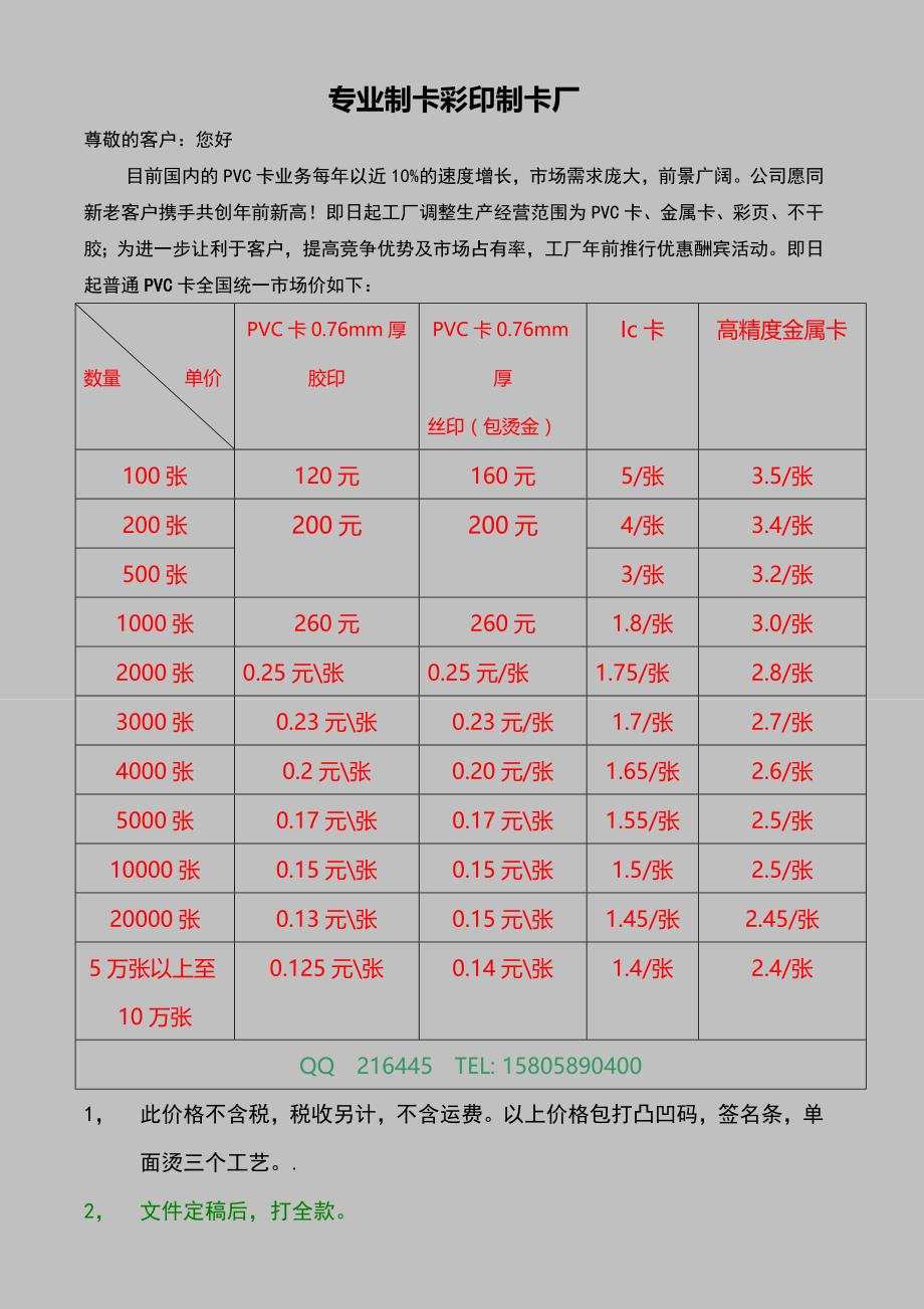 公司广告印刷成本核算-彩印制卡厂报价_第1页