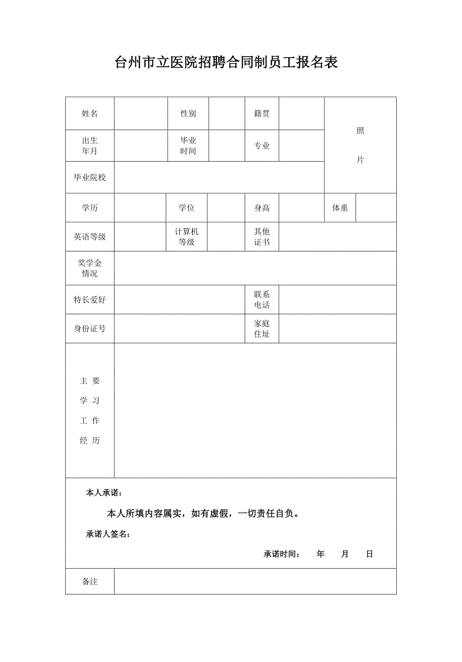 台州市立医院招聘合同制员工报名表_第1页