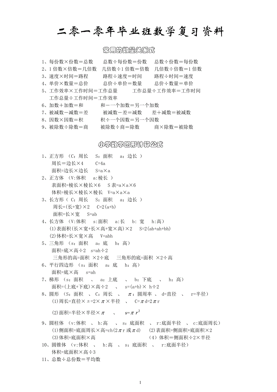 小学六年级数学知识点总复习资料_第1页