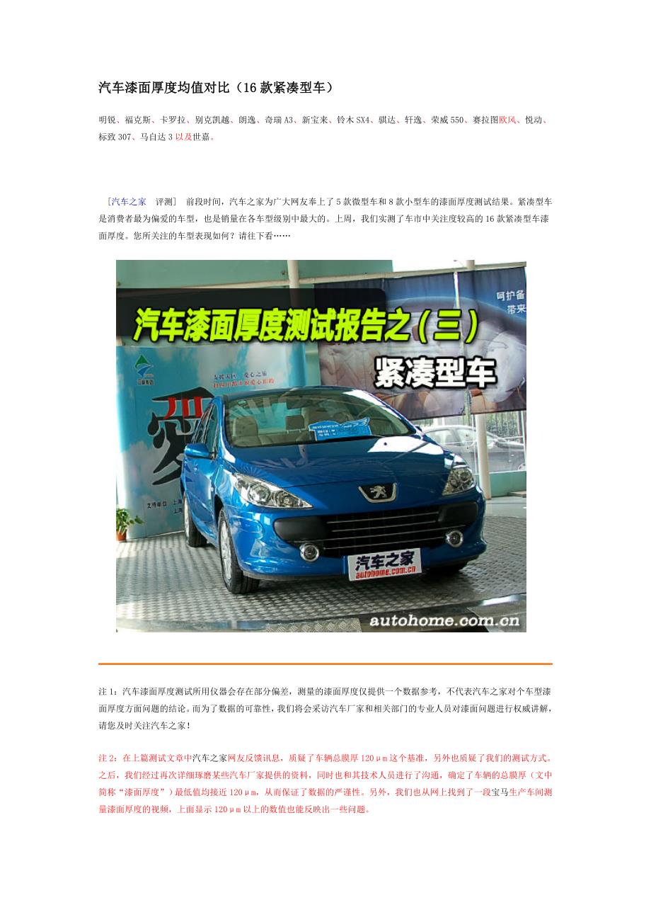 16款紧凑汽车漆面厚度测试报告_第1页