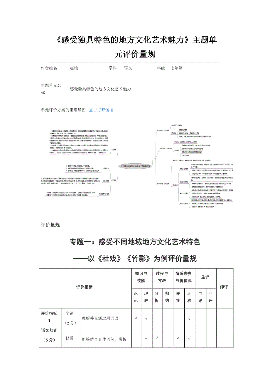 初中语文《感受独具特色的地方文化艺术魅力》单元评价思维导图以及评价量规_第1页
