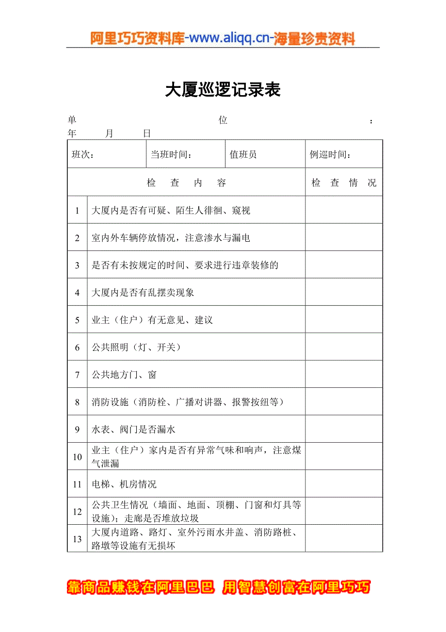 物业管理表格-大厦巡逻记录表_第1页