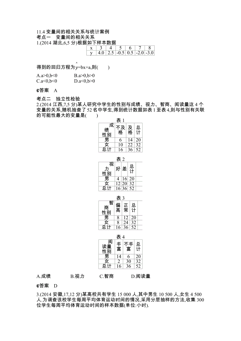 2015高考文数一轮--2014年高考真题分类汇编：11.4变量间的相关关系与统计案例_第1页