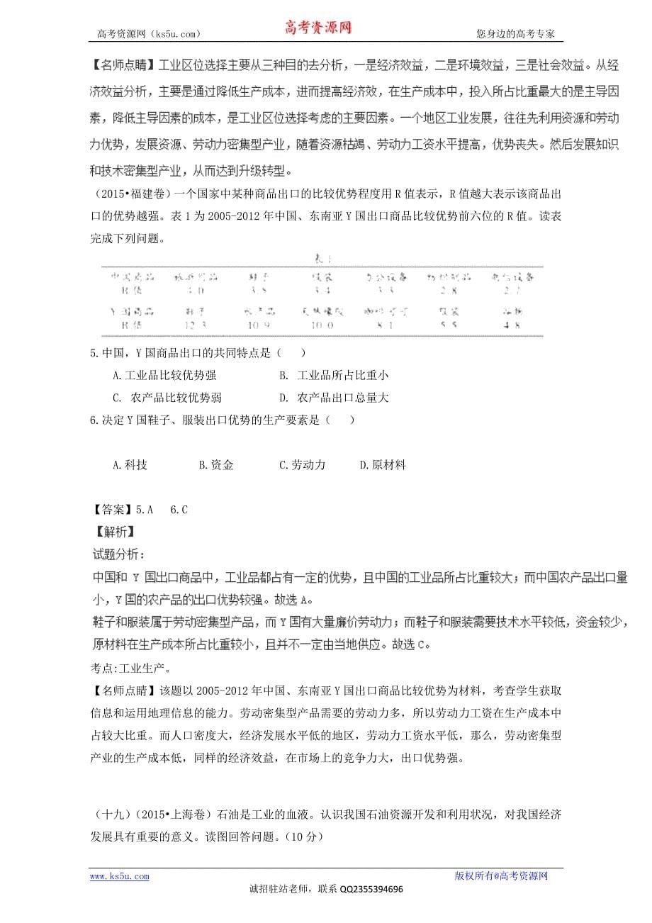 2015年高考地理真题分类汇编：专题09 工业 Word版含解析_第5页