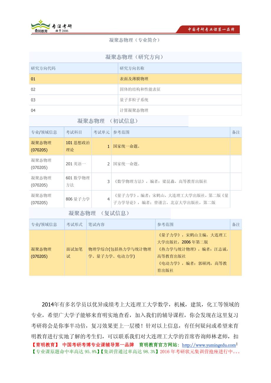 大连理工大学 2014年考研 凝聚态物理 研究方向 初试科目 复试科目 参考书目 考试重点_第1页