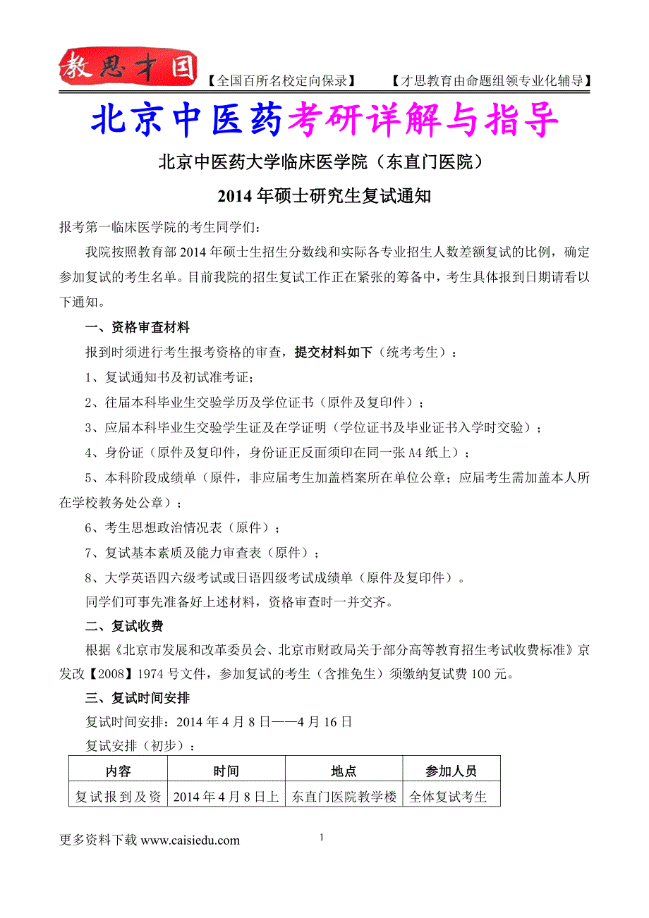 2015年北京中医药大学第一临床医学院考研复试真题,参考答案,考研参考书,复习方法,考研资料_第1页