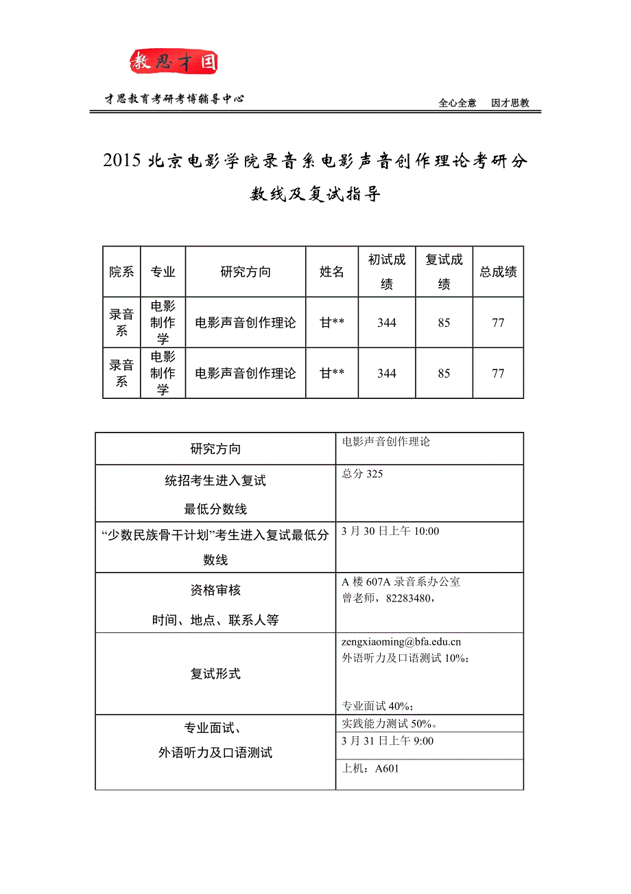 2015北京电影学院录音系电影声音创作理论考研分数线及复试指导_第1页