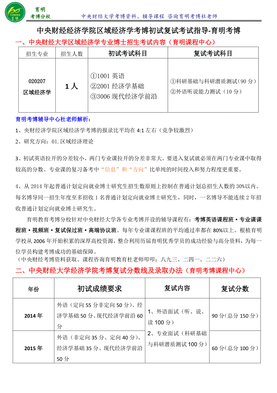 中央财经大学经济学院考博区域经济学专业考博历年真题专业课复习资料-育明考研考博_第1页