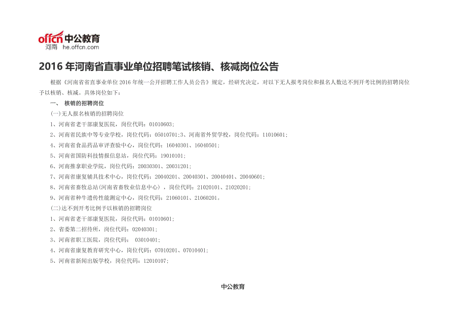 2016年河南省直事业单位招聘笔试核销、核减岗位公告_第1页