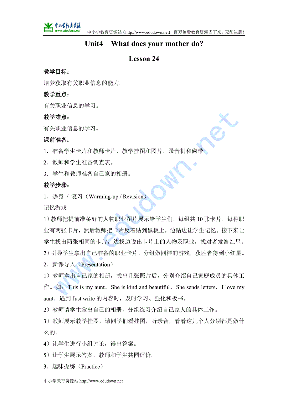 人教新版英语五年级上册《Unit4 What does your mother do Lesson 24》教学设计_第1页