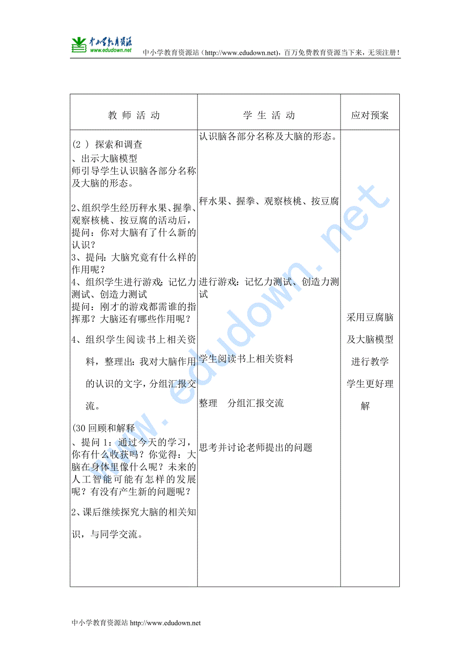 苏教版科学五年级下册《人体的司令部》《大脑》教案_第2页