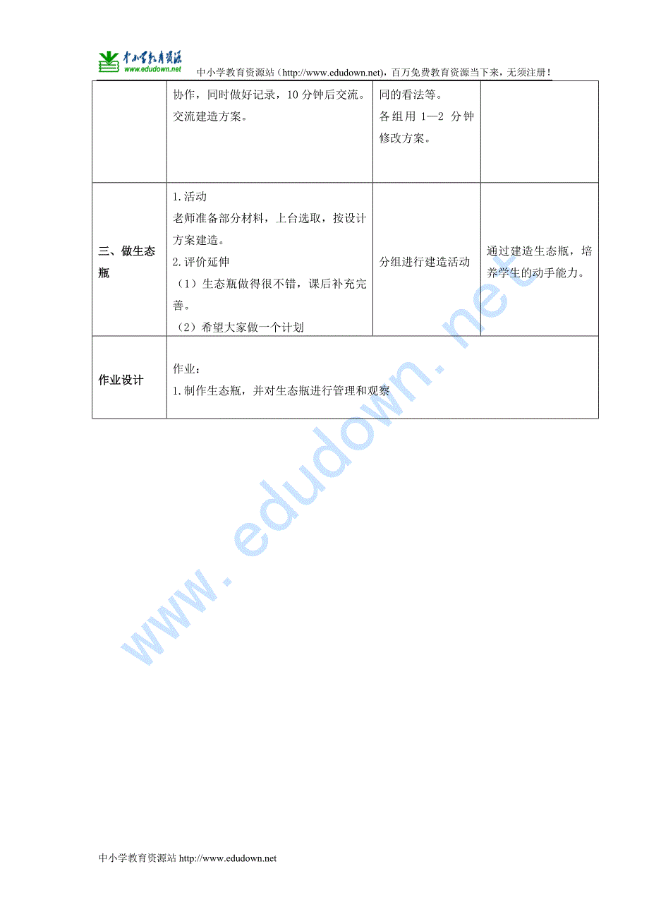 教科版科学五年级上册《做一个生态瓶》表格式教学设计_第2页