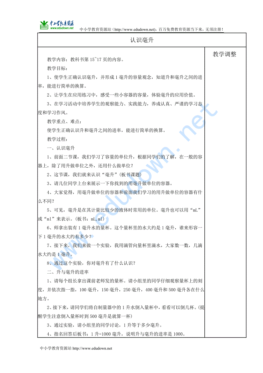 苏教版数学四下《认识毫升》教案_第1页