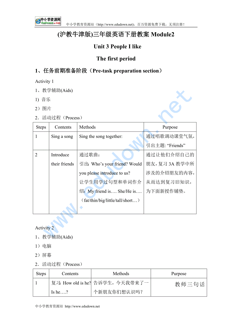 牛津沪教三年级下册Module 2《Unit 3 People I like》教案_第1页