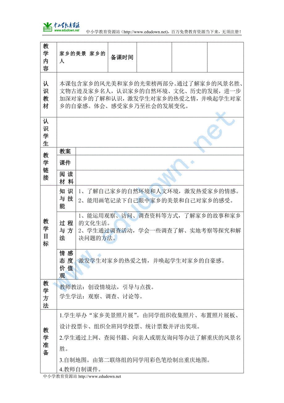 山东人民版思品三年级下册《家乡的美景 家乡的人》（第一课时）表格教案_第2页