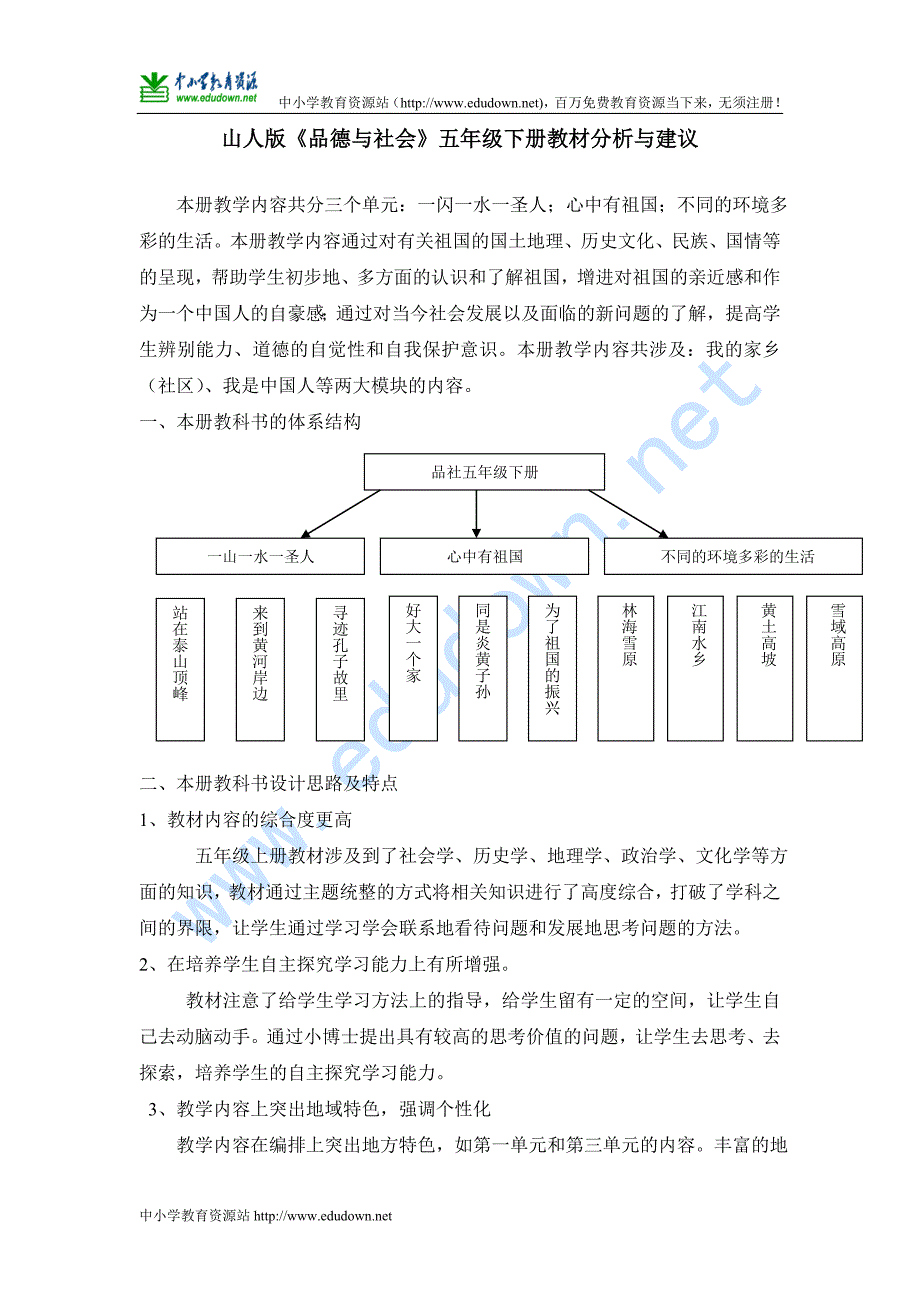 山东人民出版《品德与社会》五级下册教材分析_第1页