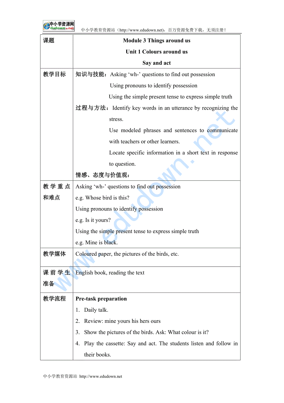 牛津沪教五年级下册Module 3《Unit  Colours around us》教案_第1页