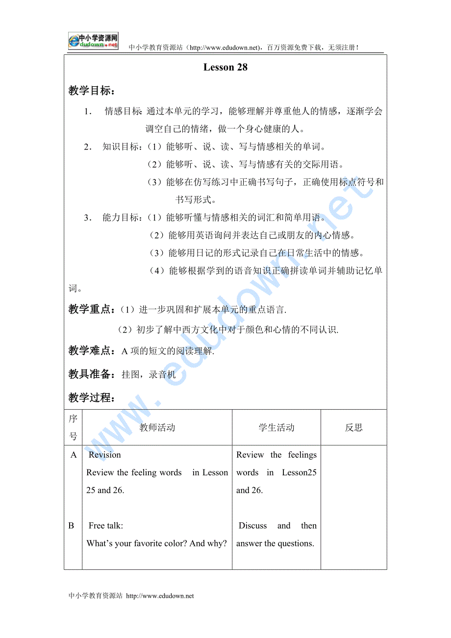 人教新起点英语六年级上册《Unit 5 feelings》（Lesson 27-28）教案_第3页