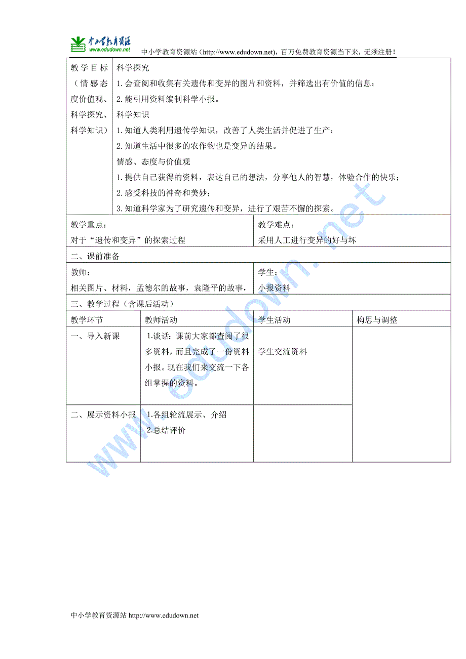 苏教版科学六年级下册《寻找遗传和变异的秘密》表格式教案_第3页