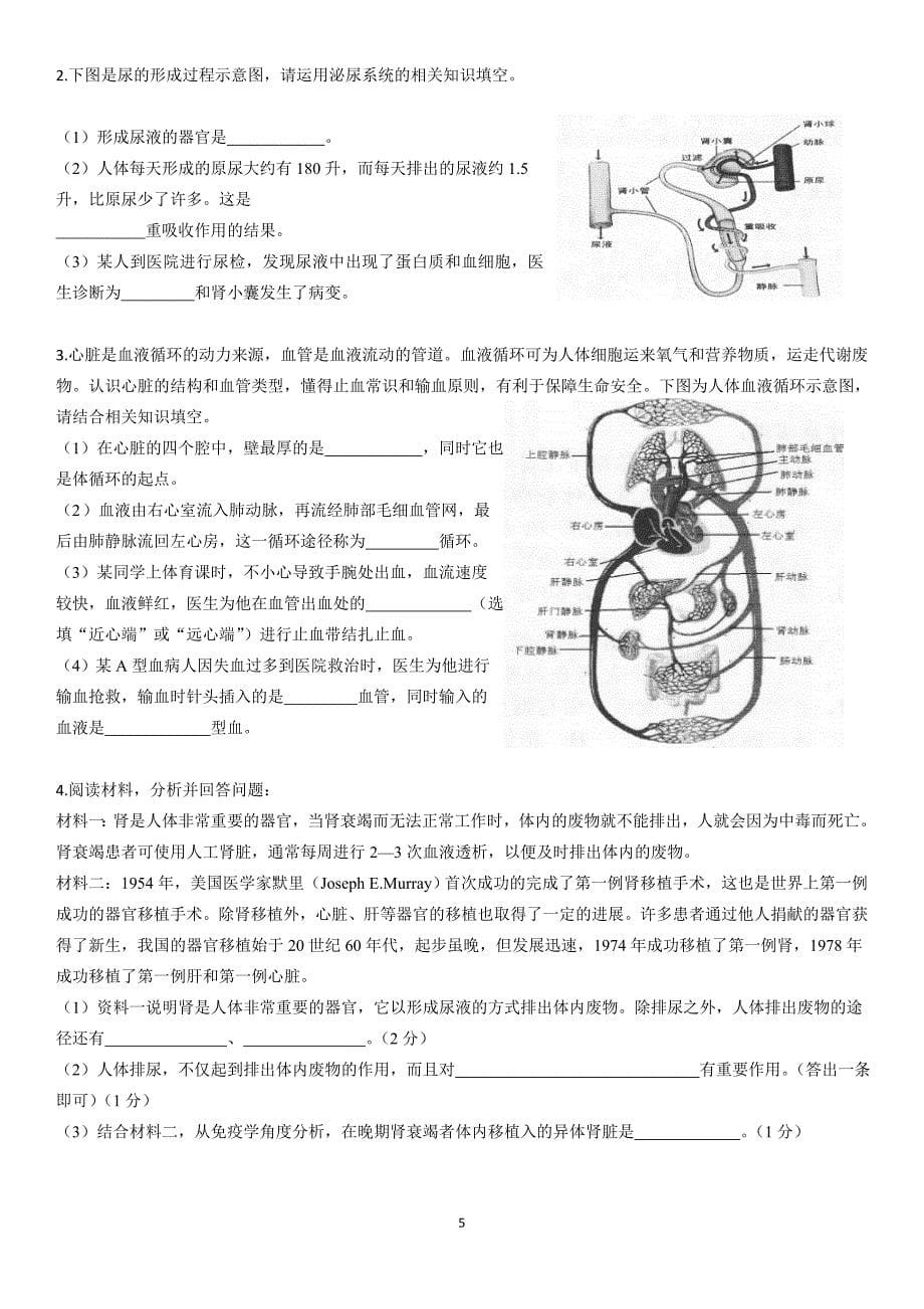 消化、呼吸、循环、泌尿和神经部分中招试题选编_第5页