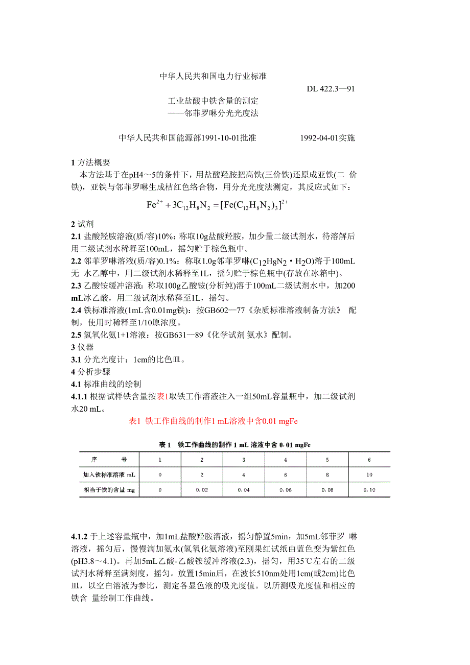 DL422.3-91 工业盐酸中铁含量的测定-邻菲罗啉分光光度法_第1页