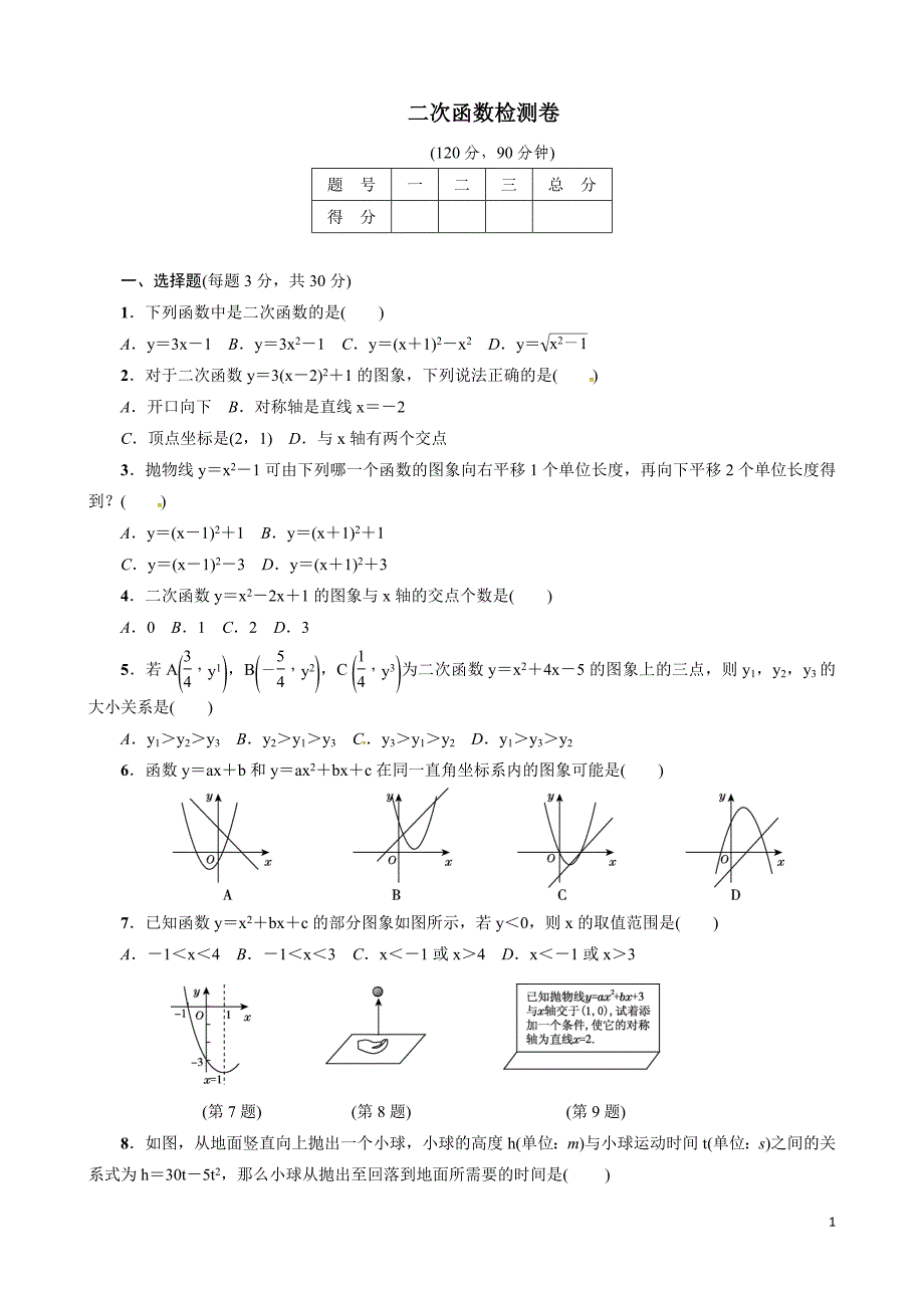 二次函数检测卷_第1页