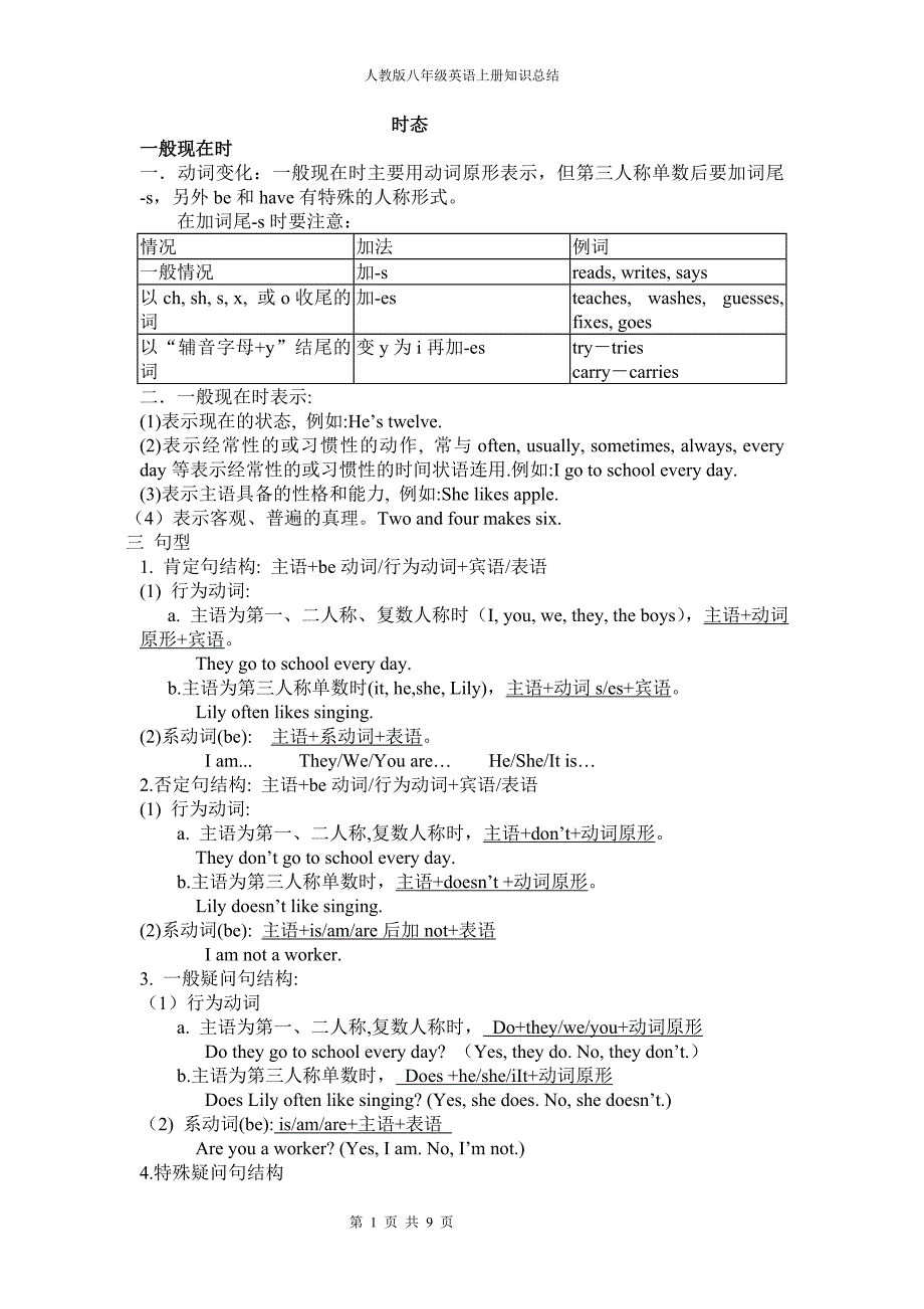 人教版八年级英语上时态讲义及练习_第1页