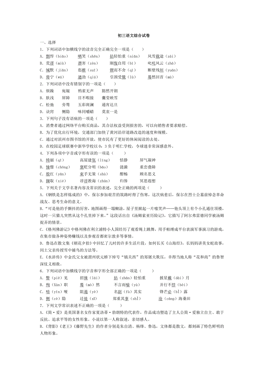 初三语文综合试题_第1页