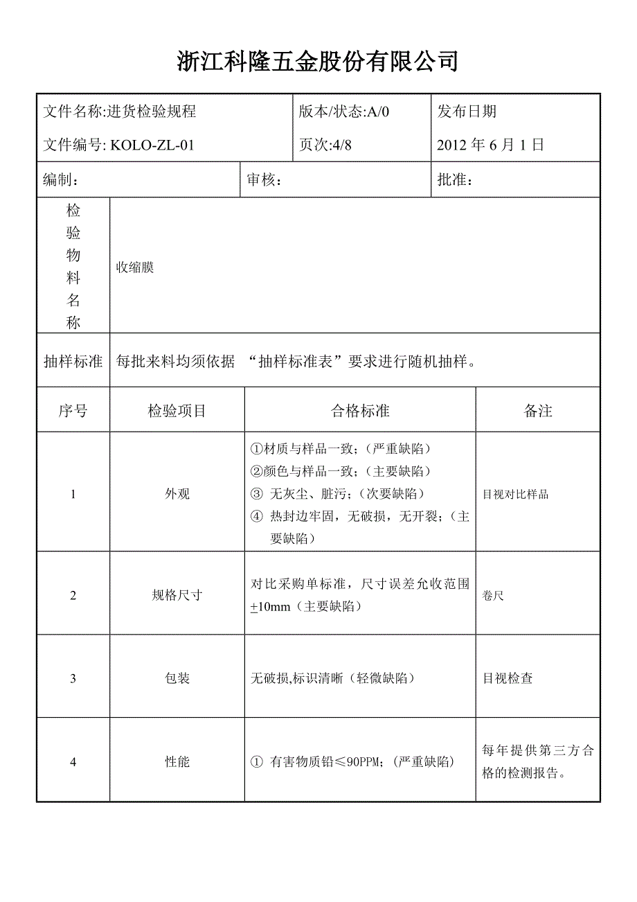 浙江科隆五金股份有限公司-进料检验规范_第4页