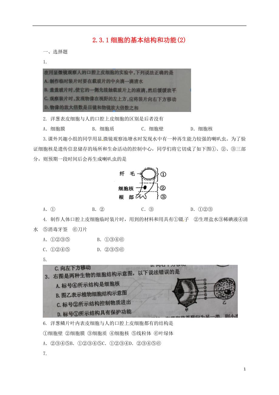 七年级生物上册2.3.1细胞的基本结构和功能同步练习2新版北师大版_第1页